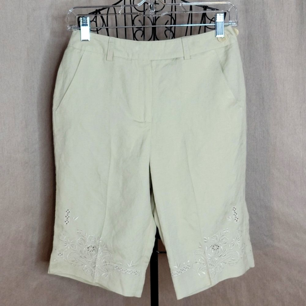 LARRY LEVINE Cream Embroidered Bermuda Shorts 4 Petite‎